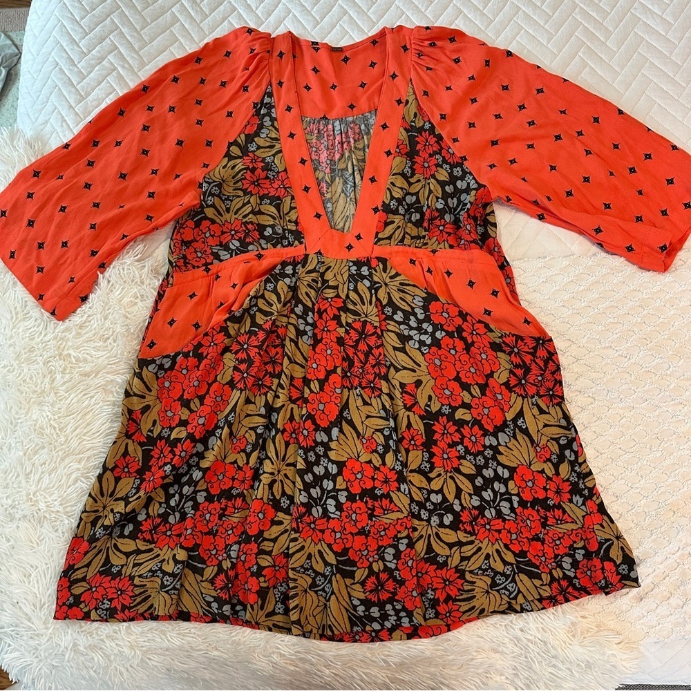 Free People Tallula Poppy Orange Deep-V Mixed Floral Boho Dress Size S - Picture 13 of 16